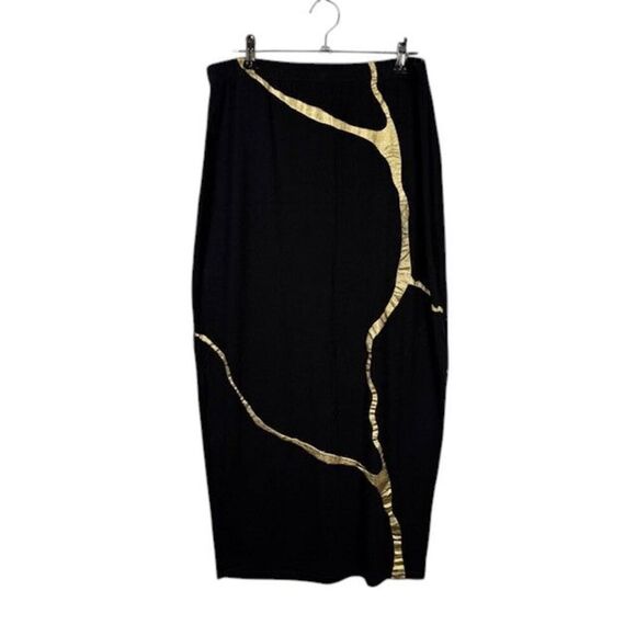 MiKAH Sachie Kintsugi Skirt in Black & Metallic Gold Stretch Midi Size Medium - Picture 2 of 8